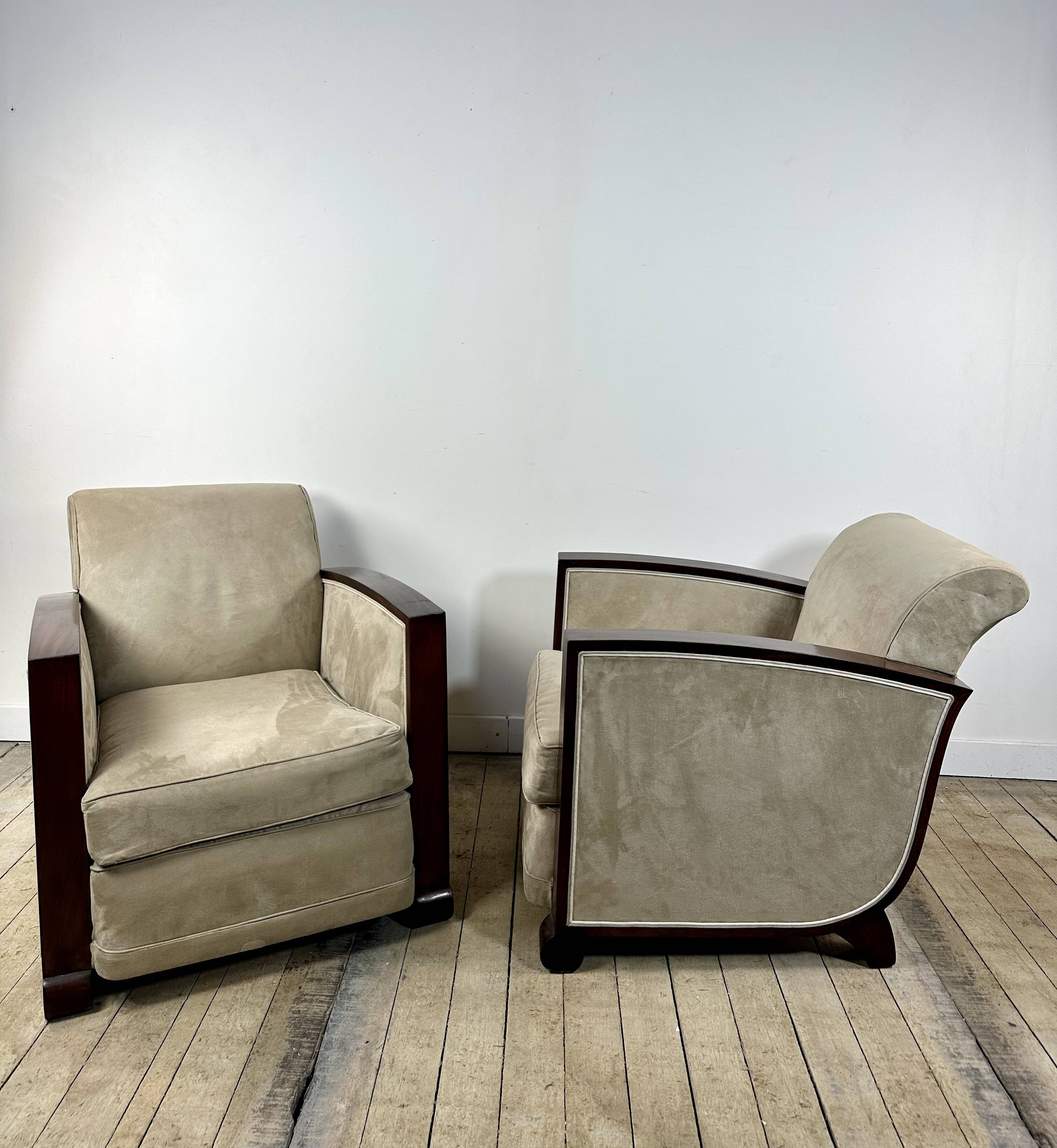 Pair of Art Deco armchairs in rosewood and suede.