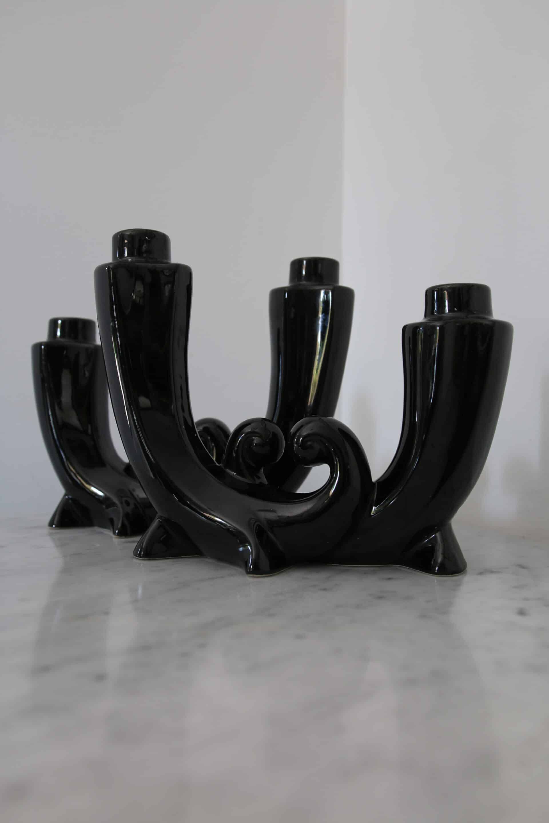 Pair of Art Deco candle holders in black ceramic