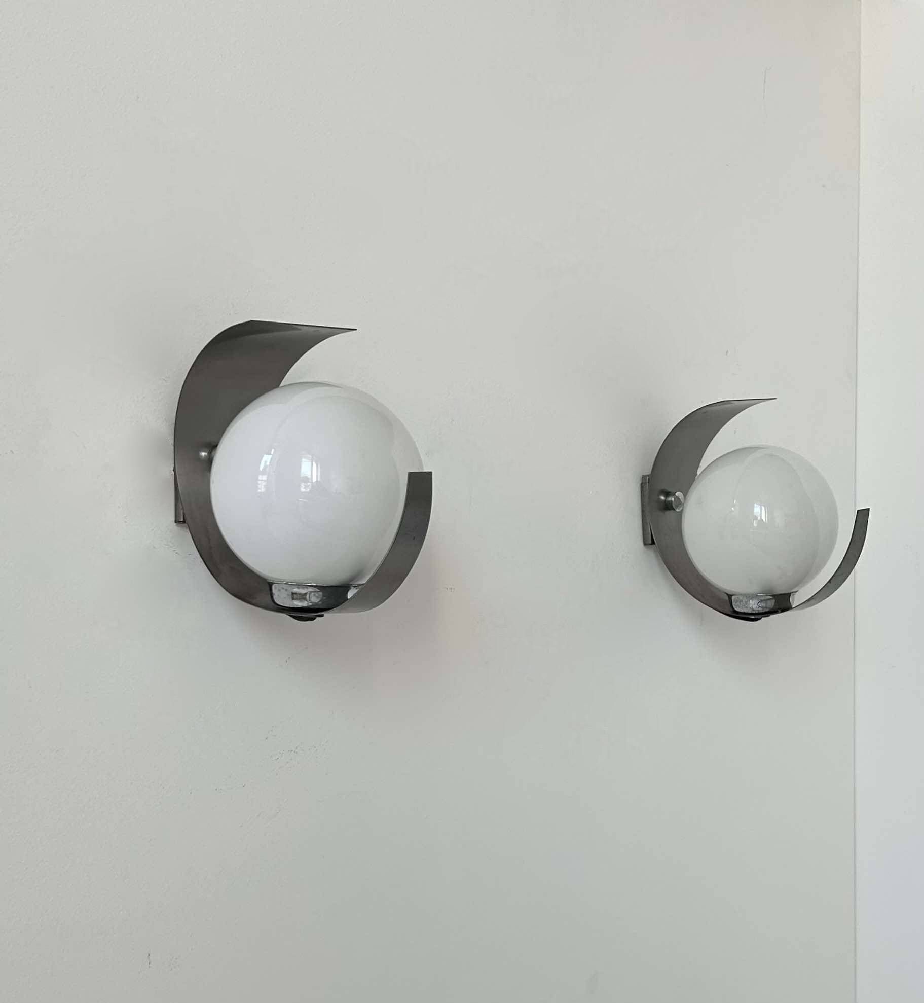 Pair of vintage opaline and chrome wall lights, France 1970