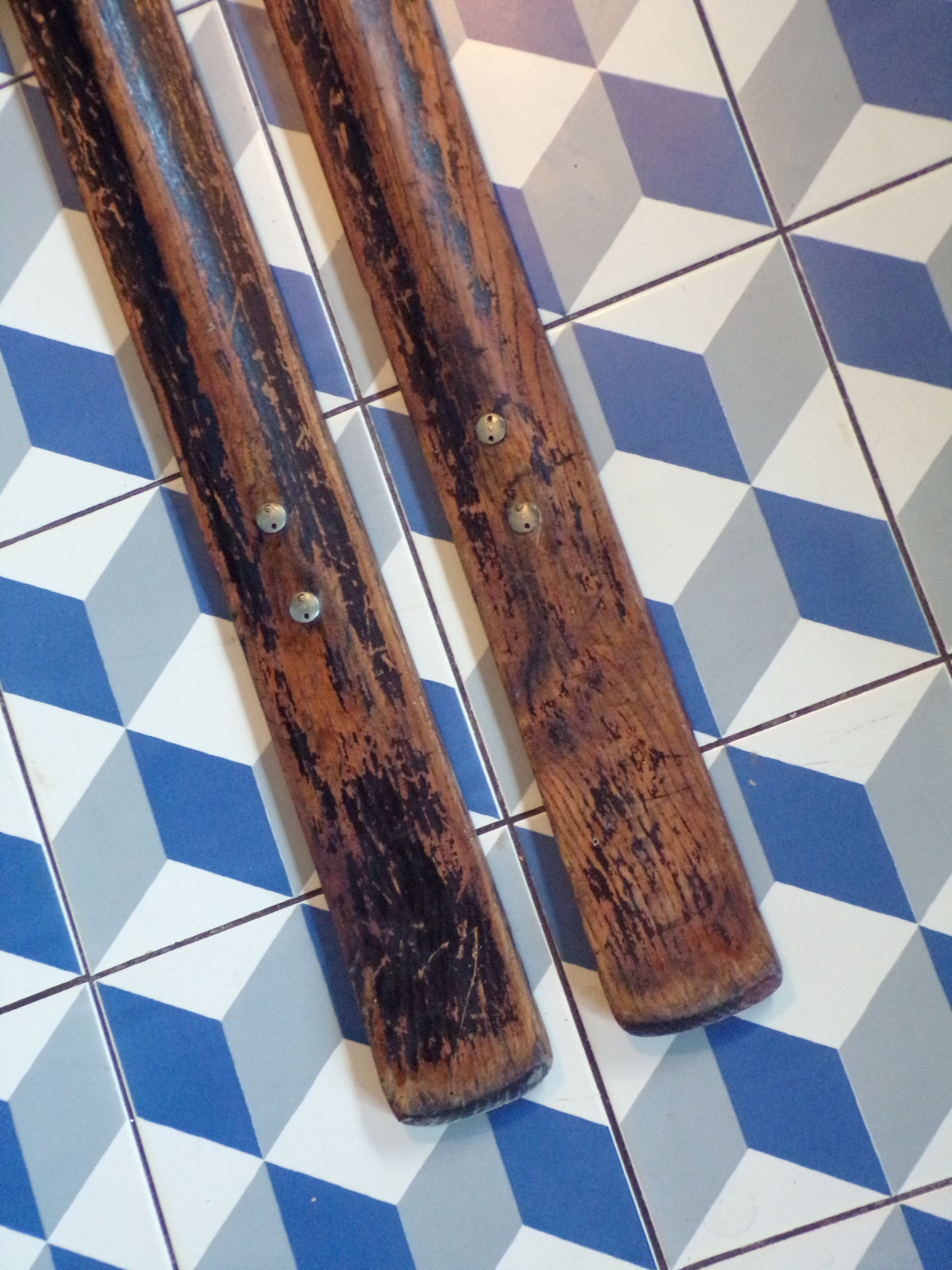 Pair of vintage wooden skis 208 cm
