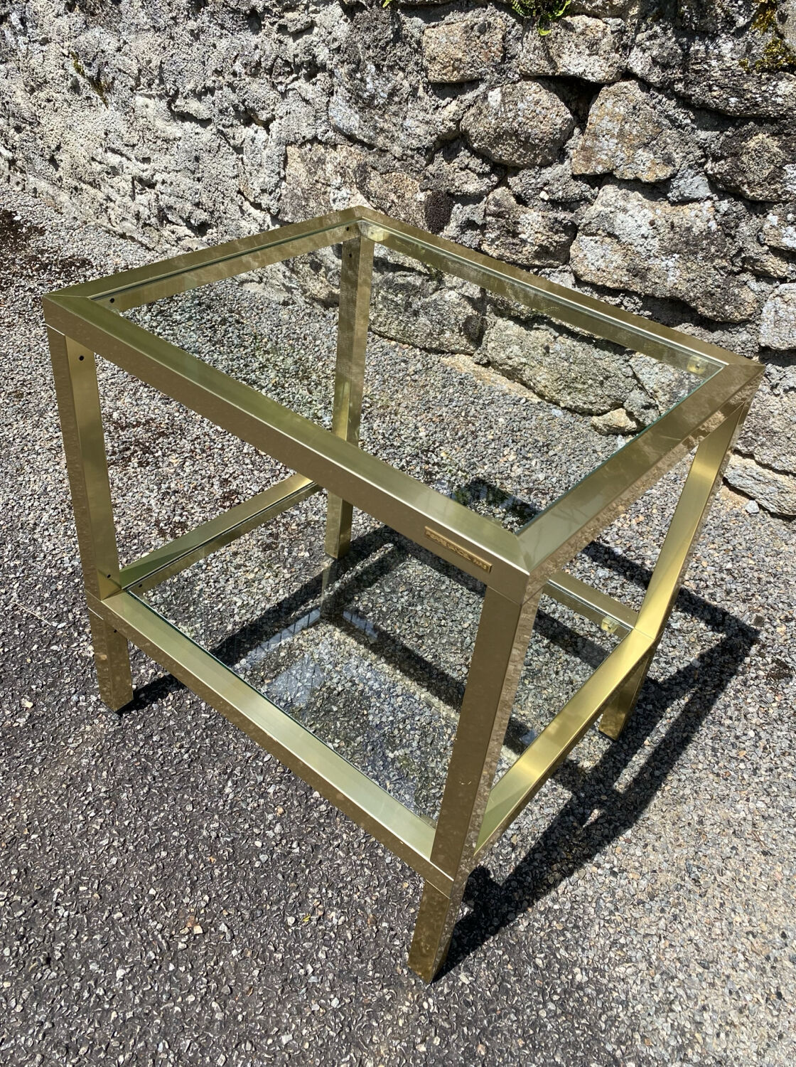 Vintage 1980s rectangular gold metal end table/shelf by pierre vande