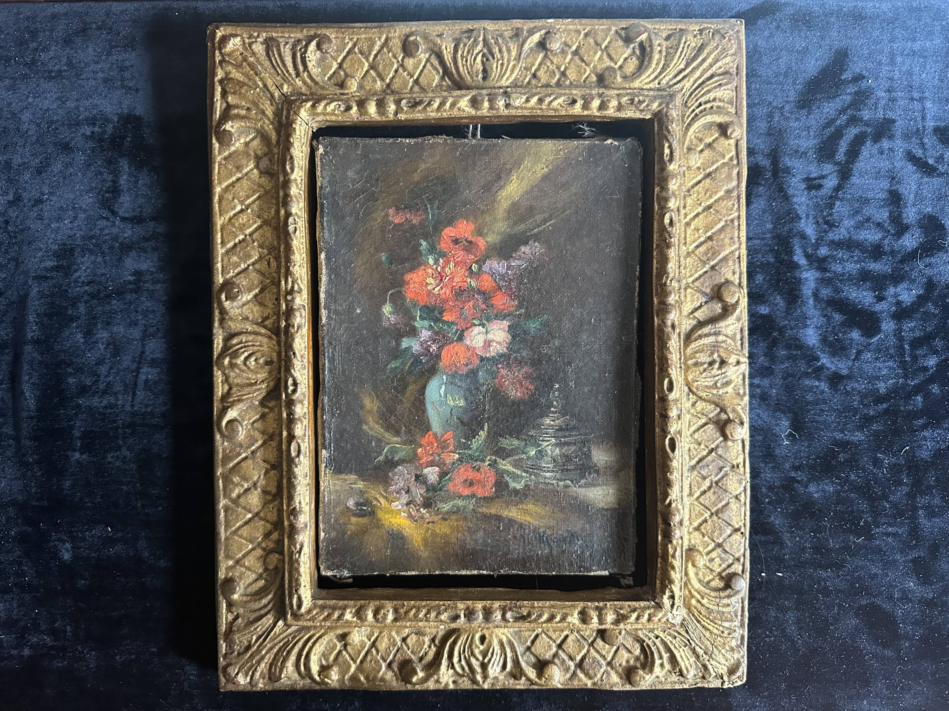 Tableau ancien fleurs signé avec cadre en bois et stuc doré, XIXe