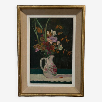 Oil on canvas 1900 still life bouquet of flowers flower vase