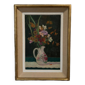 Oil on canvas 1900 still life bouquet of flowers flower vase