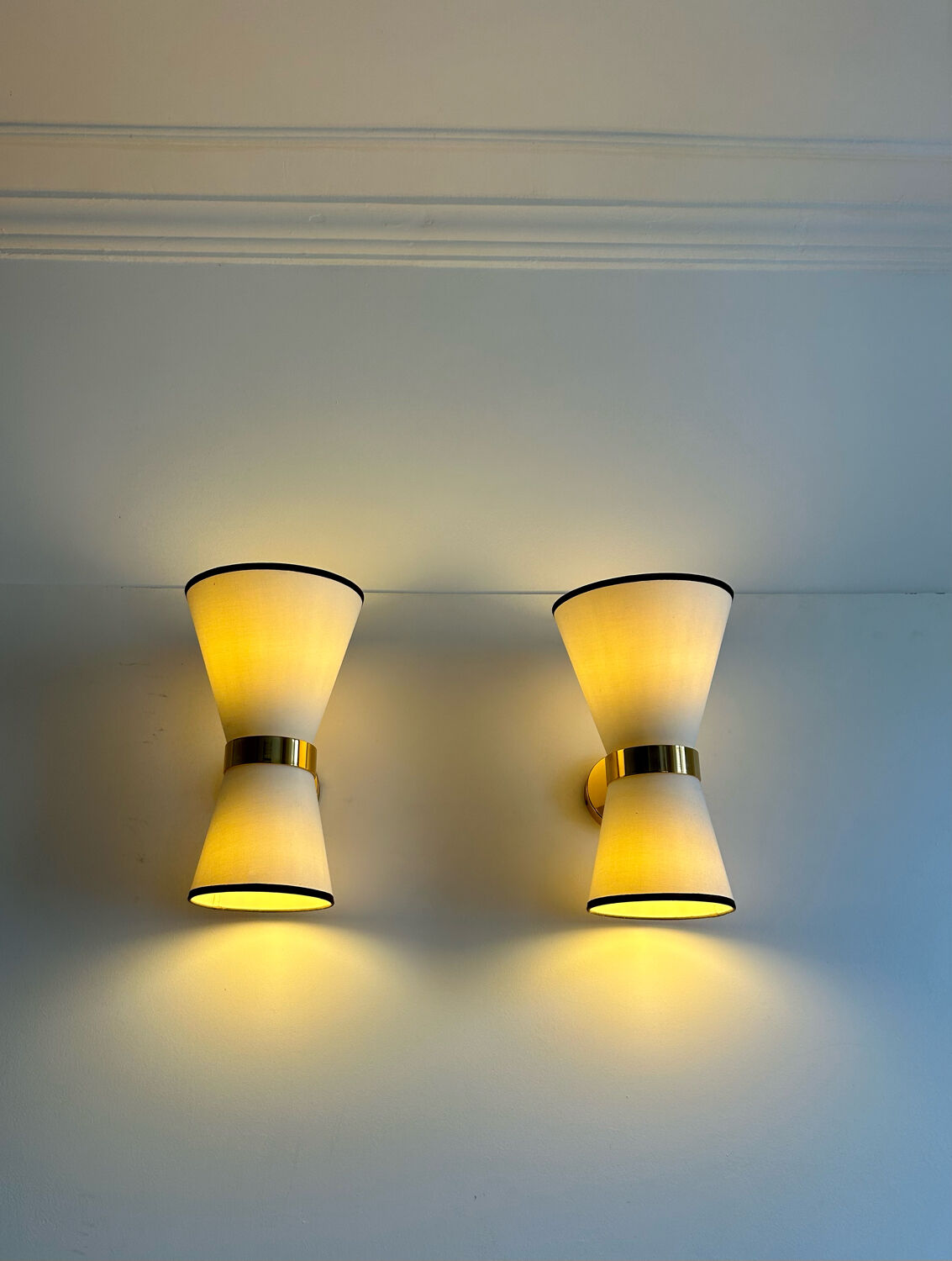 Pair of vintage wall lamps, brass and unbleached fabric, Italy 1980