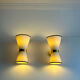 Pair of vintage wall lamps, brass and unbleached fabric, Italy 1980