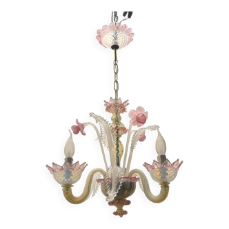 Lustre vénitien en verre de Murano opalescent rose des années 1960