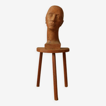 Sculpture en bois vintage tête ancienne sculptée marotte visage buste homme ancien fait main