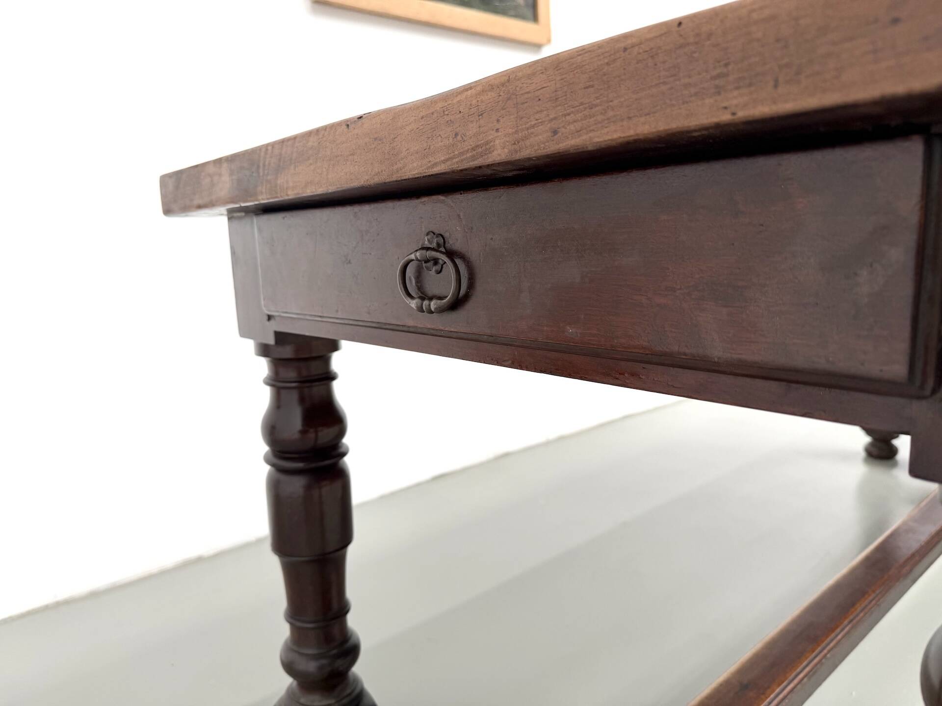 Farm table in solid walnut, turned legs, 1950s.