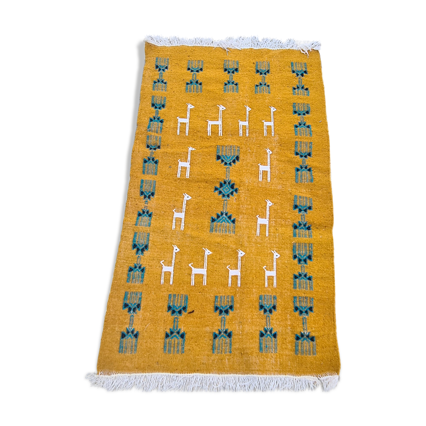 Traditional handmade gazelle-patterned carpet in pure wool