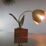 "Flower" lamp in gilded brass and wooden base 1970