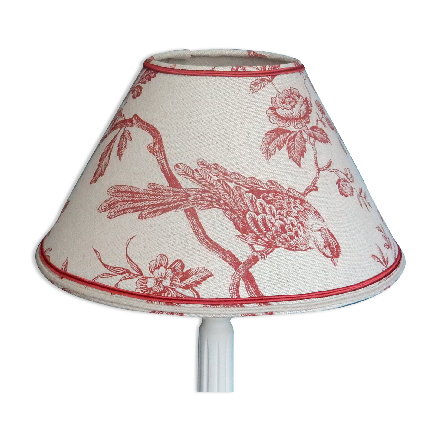 Abat-jour conique en lin motif oiseau rouge