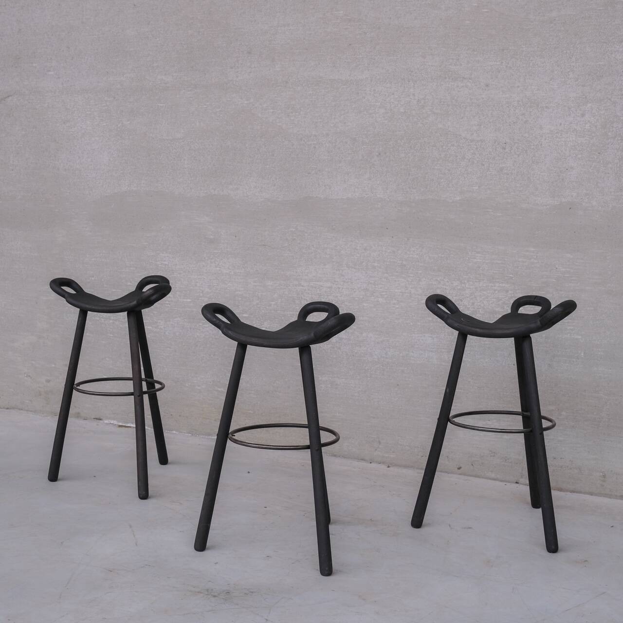 Set of Three Stained Blackened Mid-Century 'Marbella' Bar Stools