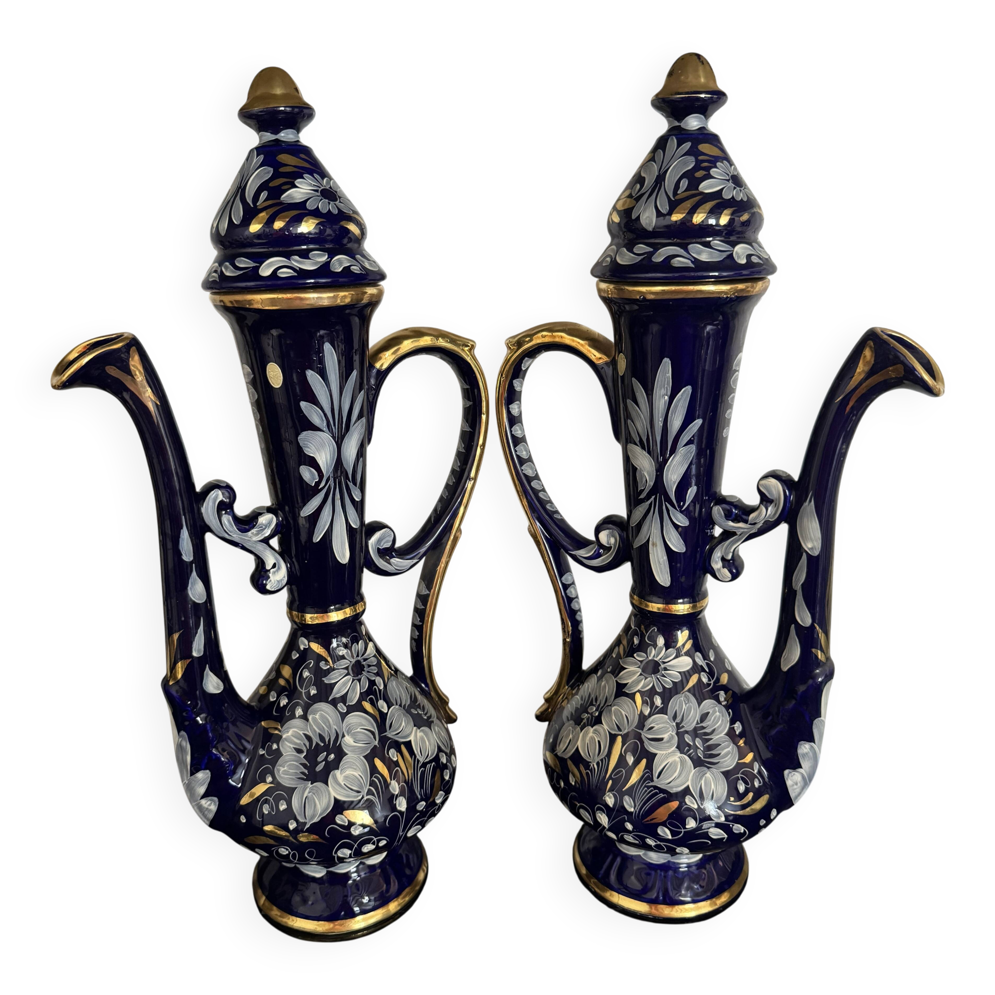 Pair of vintage jugs / pitchers in cobalt blue and gold ceramic – Made i