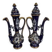 Paire d'aiguières / pichets vintage en céramique bleu cobalt et or – Made i