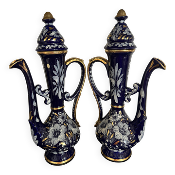 Paire d'aiguières / pichets vintage en céramique bleu cobalt et or – Made i