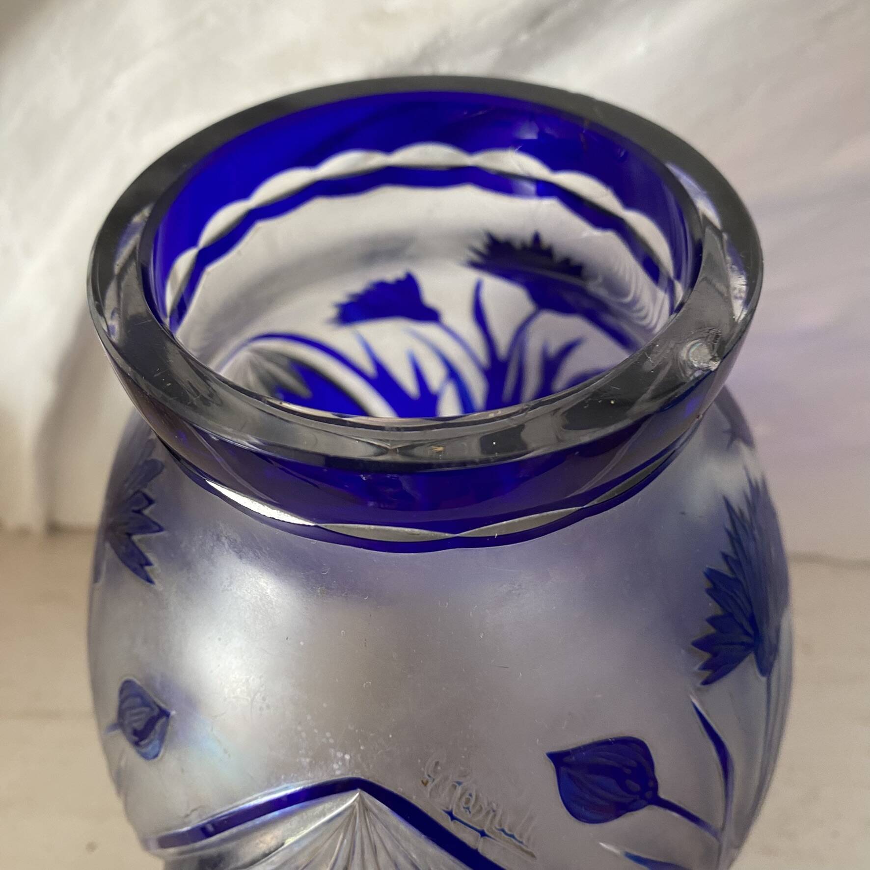 Cobalt blue double crystal vase signed G. Raspiller