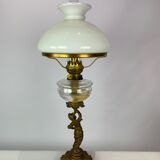 Kerosene lamp of patinated metal and shade of white opaline glass, 1860
