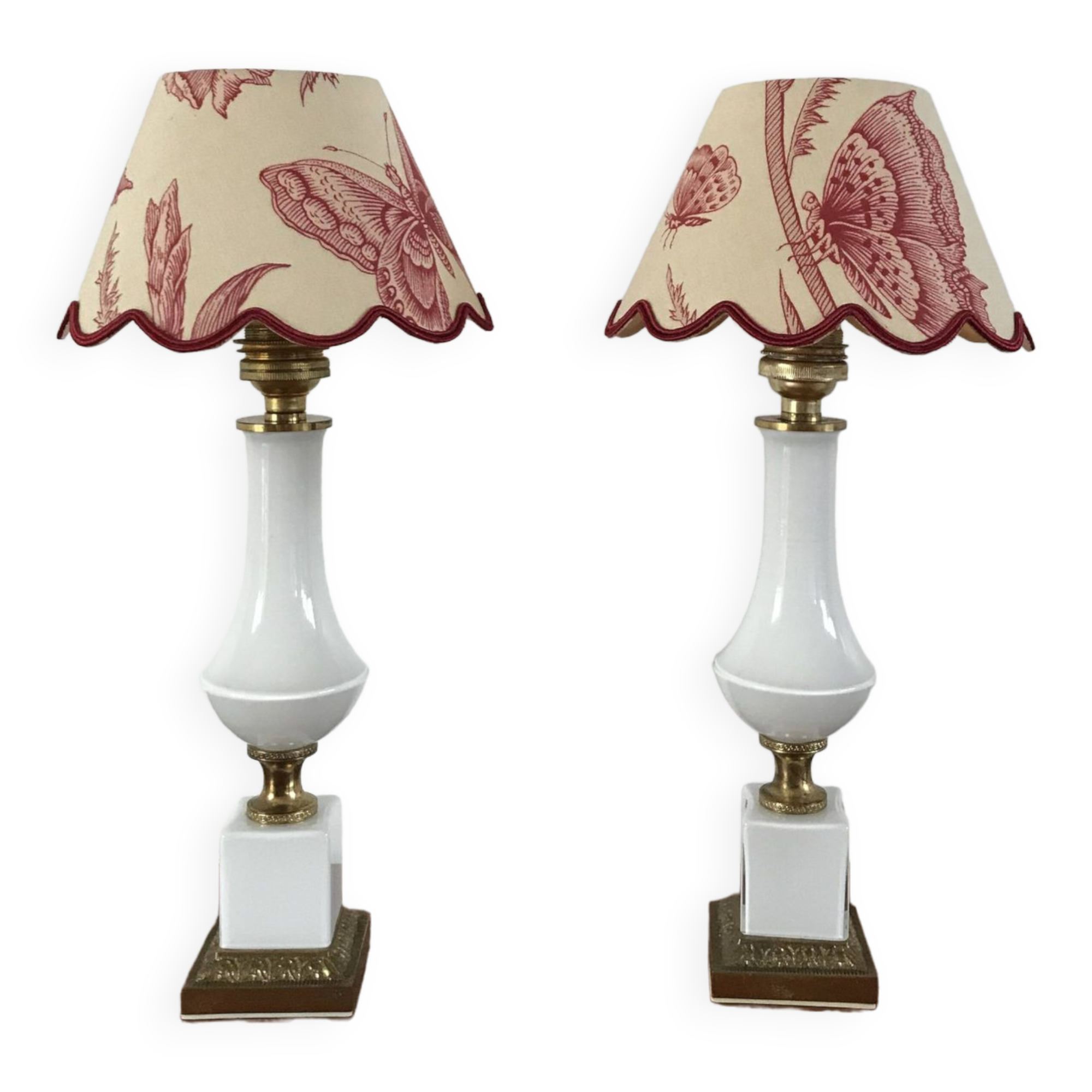 Pair of bedside lamps in opaline and brass toile de jouy lampshades 1950