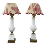 Pair of bedside lamps in opaline and brass toile de jouy lampshades 1950