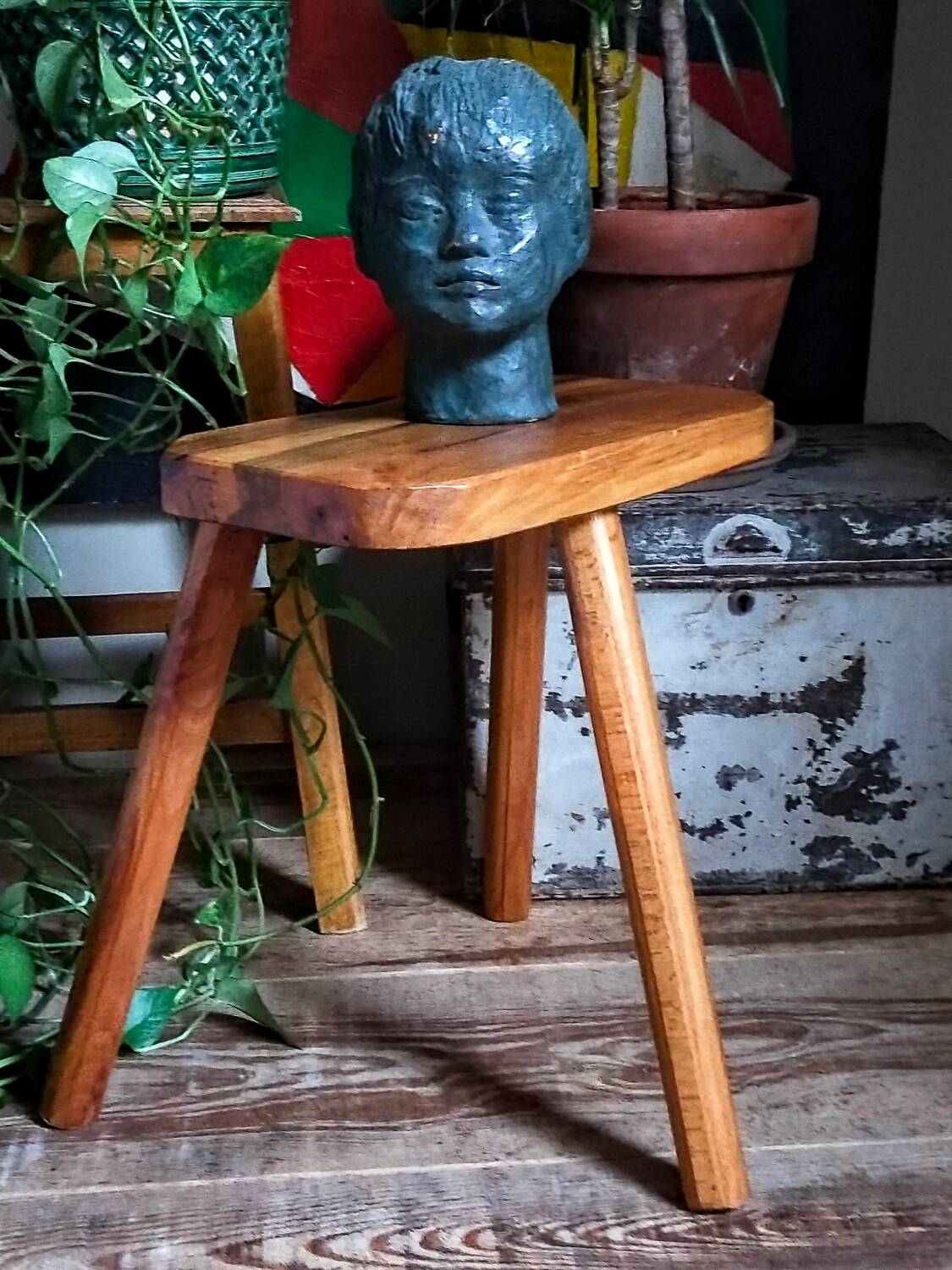 Solid wood tripod stool from the 50s