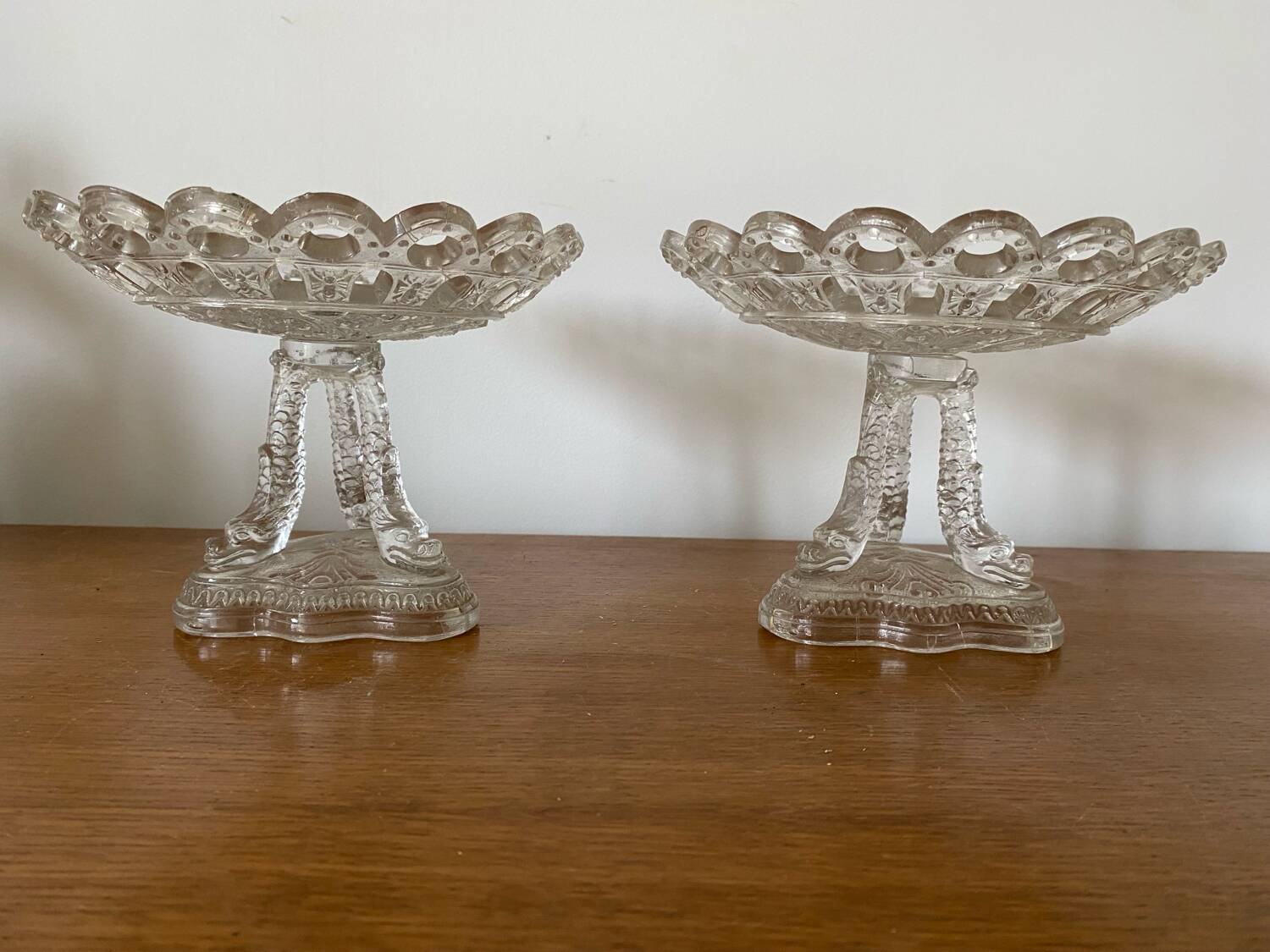 Antique pair of crystal cup drageoirs with tripod fish foot, 19th century vintage