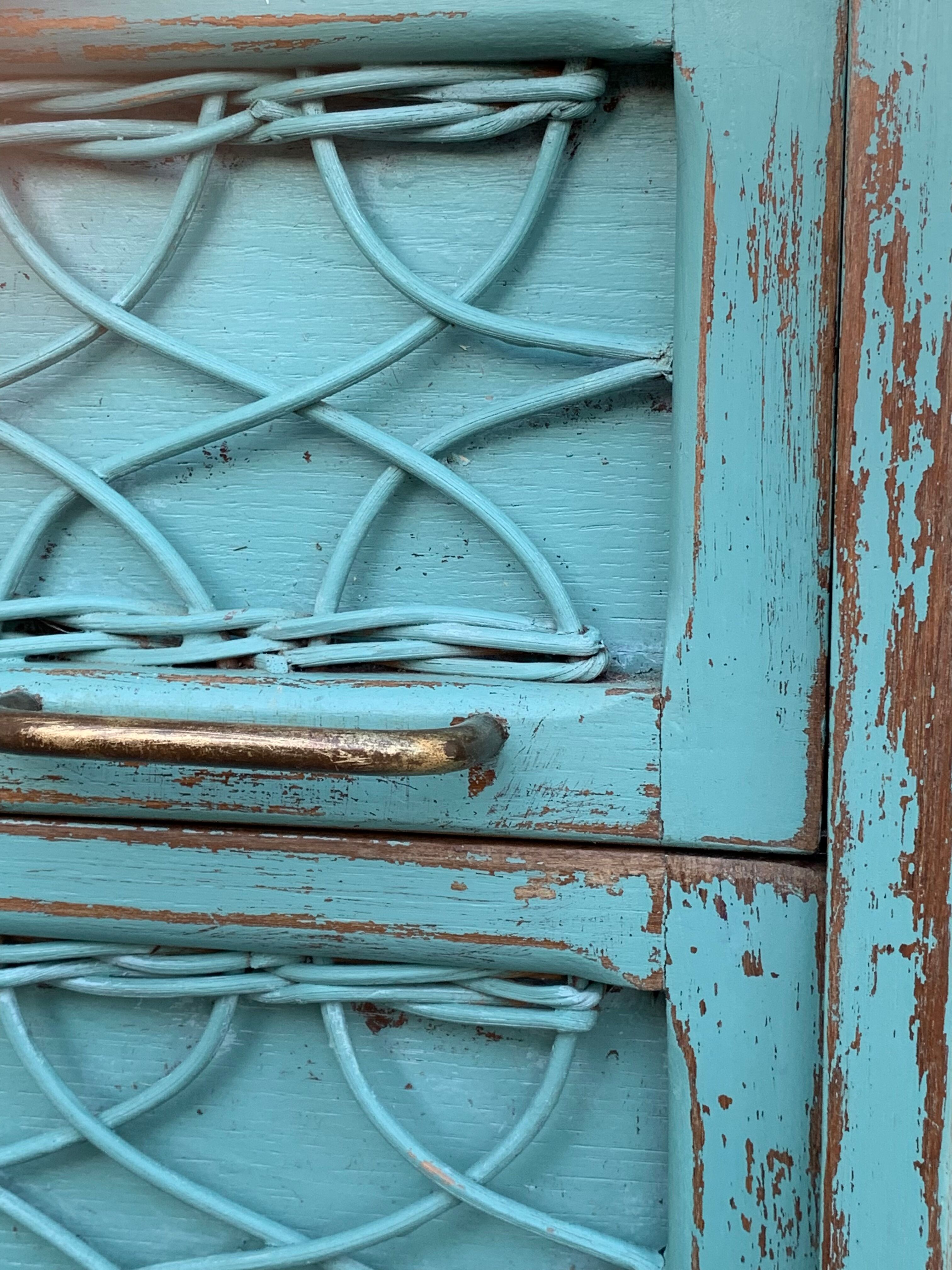 Vintage chest of drawers wood and rattan patina turquoise 1950