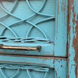 Vintage chest of drawers wood and rattan patina turquoise 1950