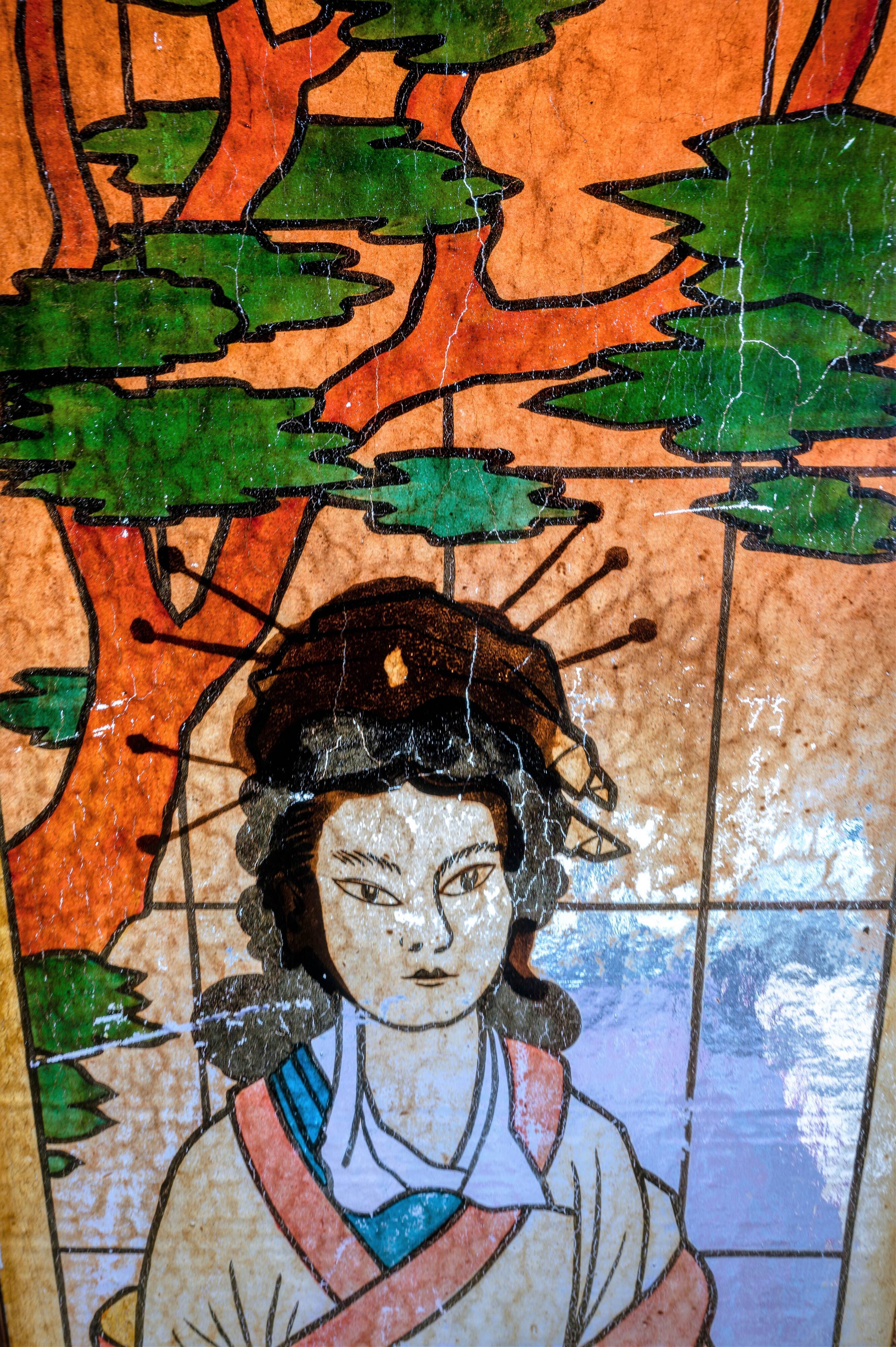 Vitrail japonais peint à la main antique