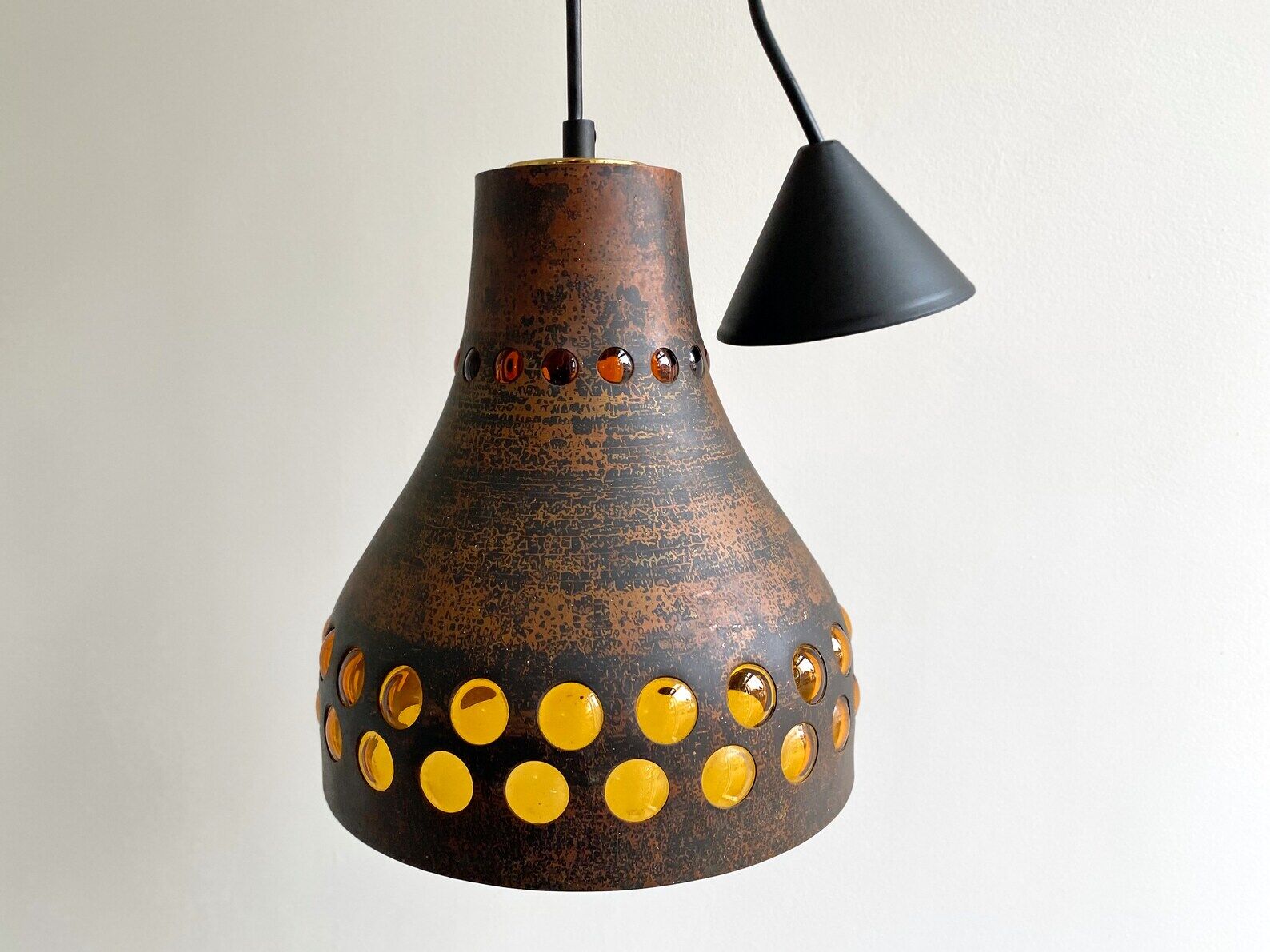Mid Century caged glass & copper hanging lamp / pendant