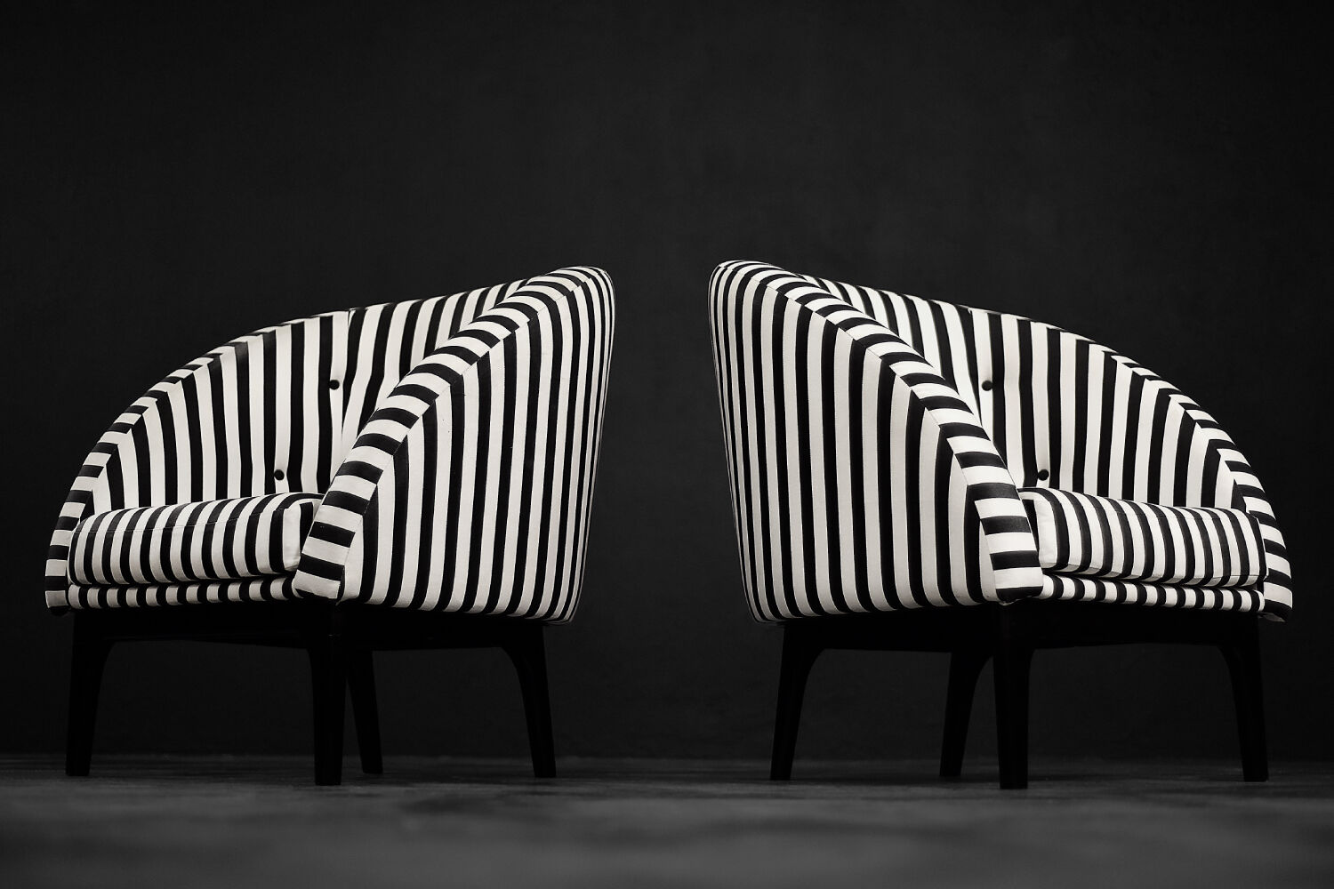 Mid-century modern Scandinavian rounded armchairs with black and white stripes, 1960s.