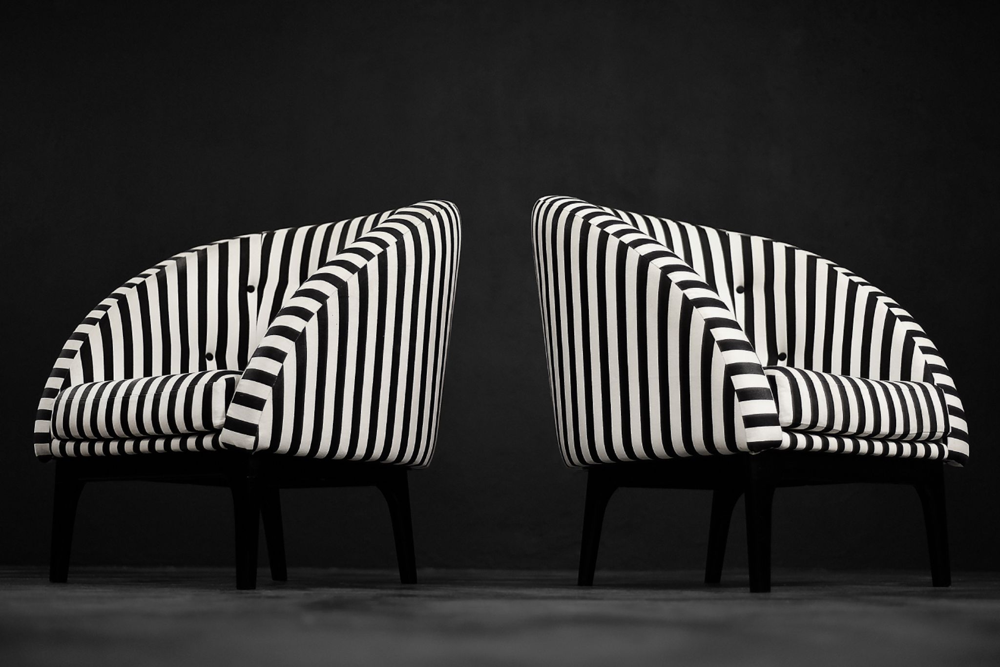 Mid-century modern Scandinavian rounded armchairs with black and white stripes, 1960s.