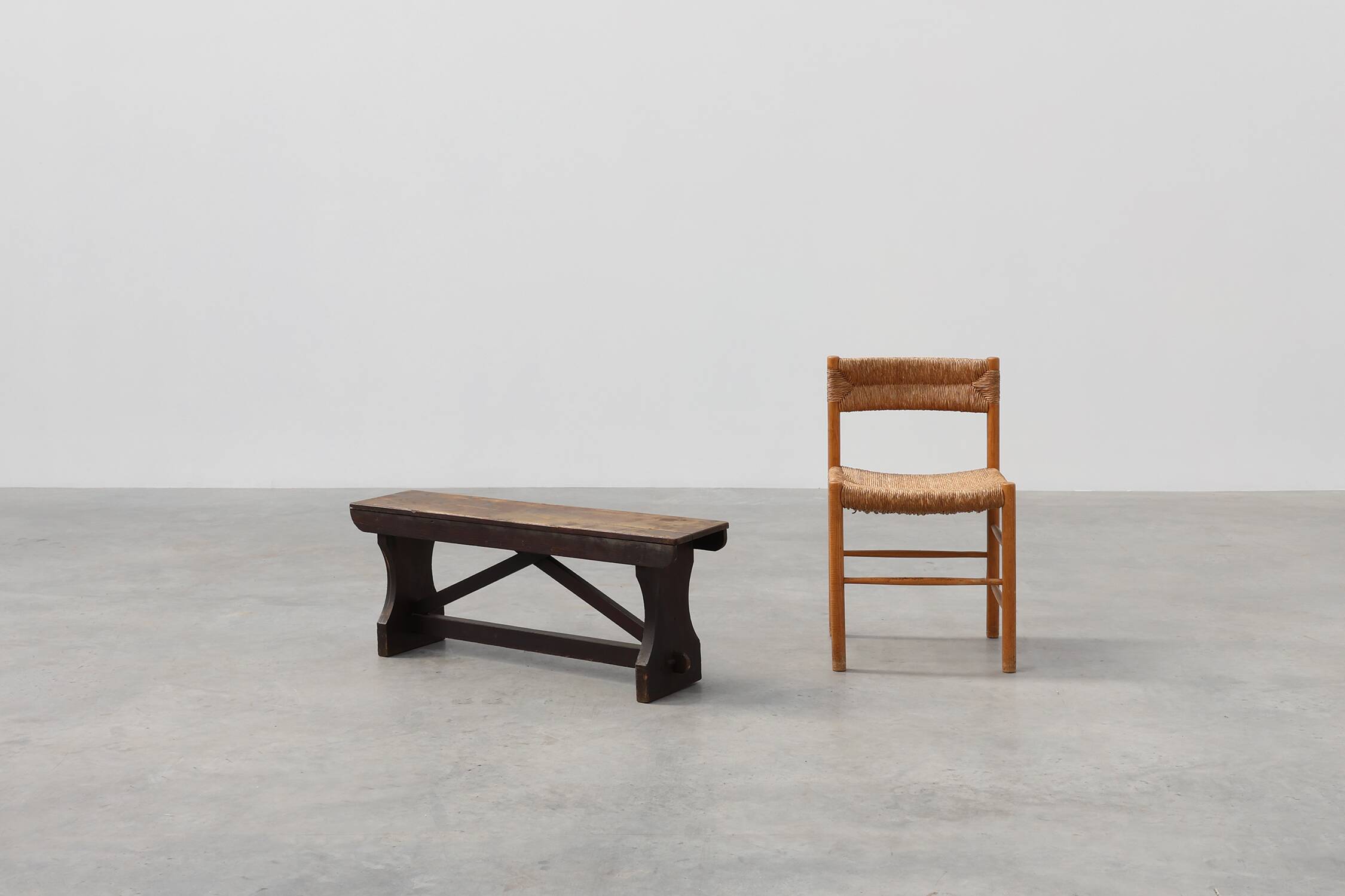 Rustic wooden bench in Wabi Sabi style, France 1900s