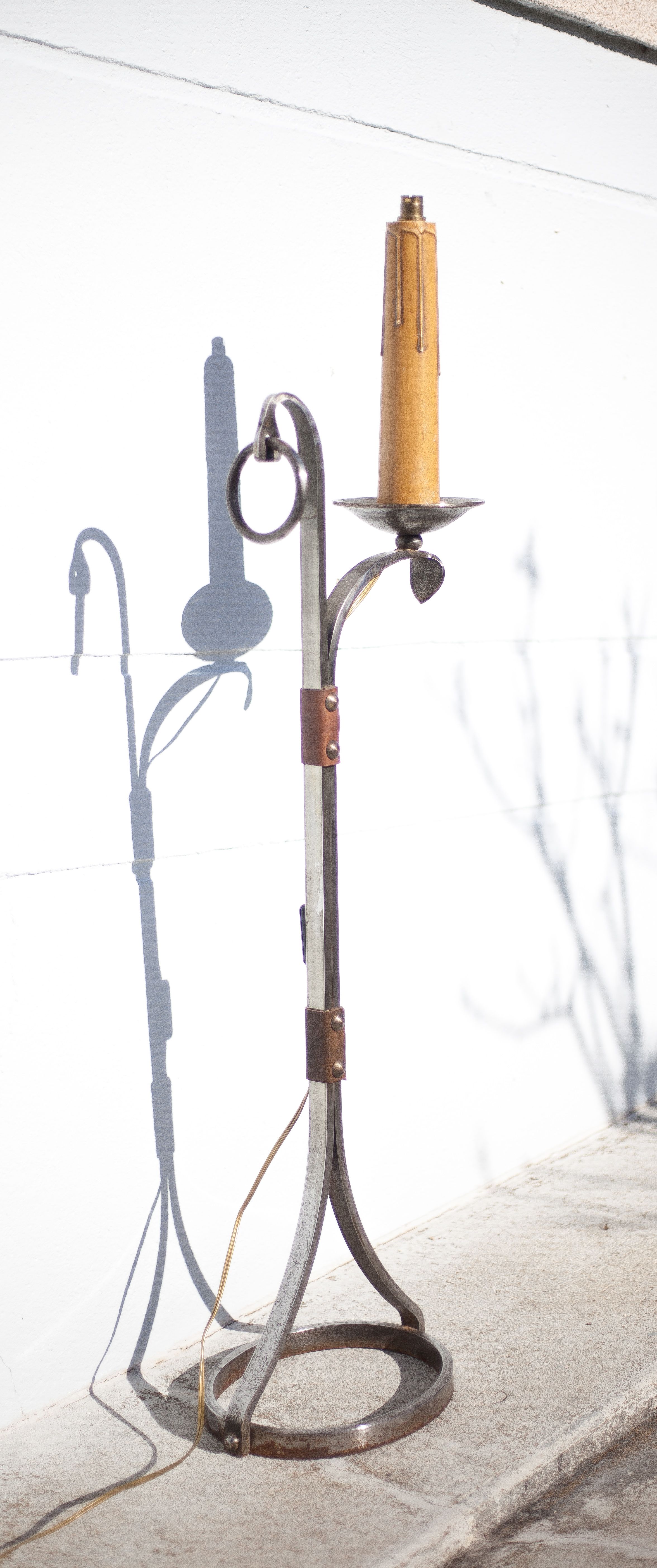 Wrought iron floor lamp Ryckaert JP, Wrought iron and leather floor lamp, living room lamp, 60's