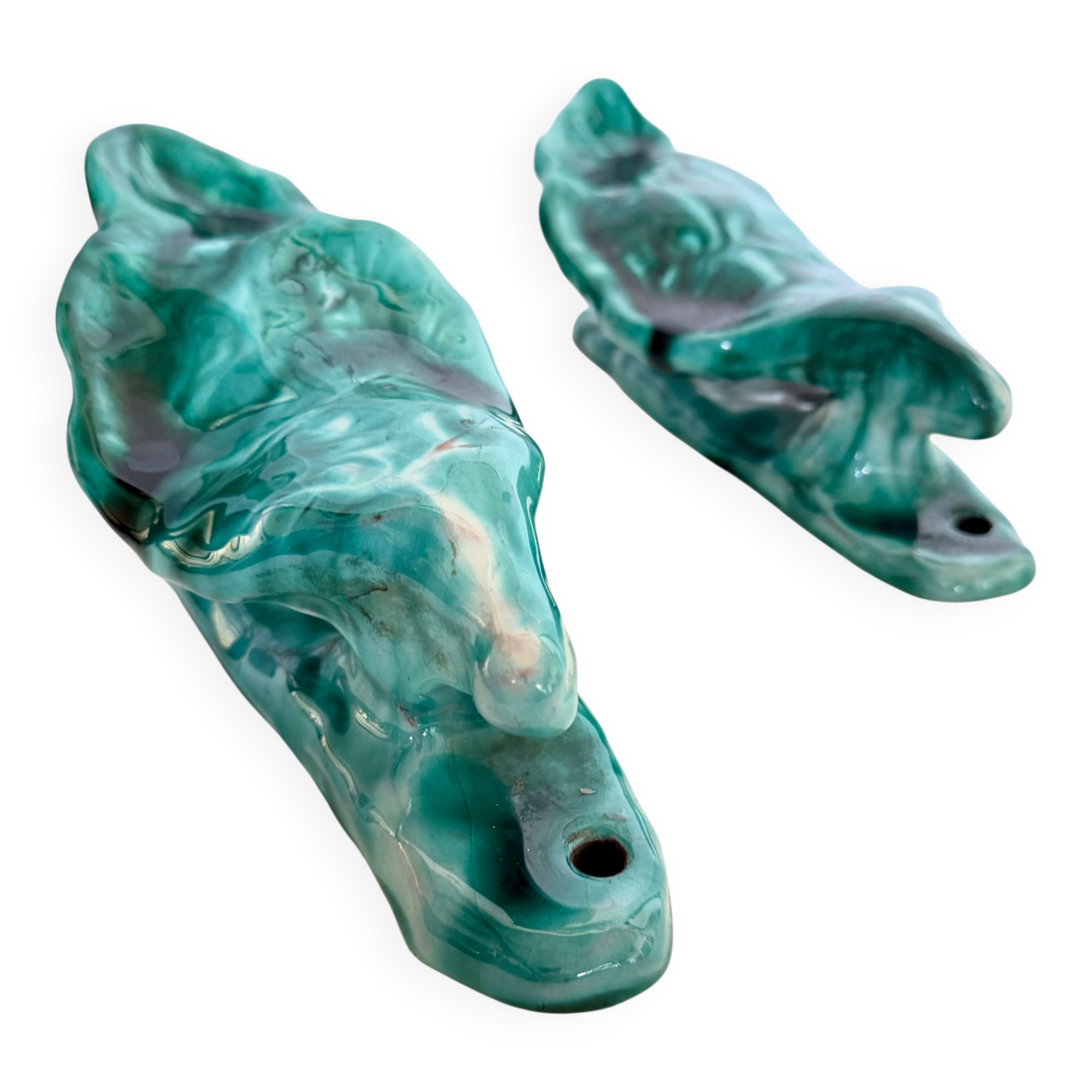 xPair of Handcrafted Teal Enameled Door Handles by Gabbianelli, Albisola, I