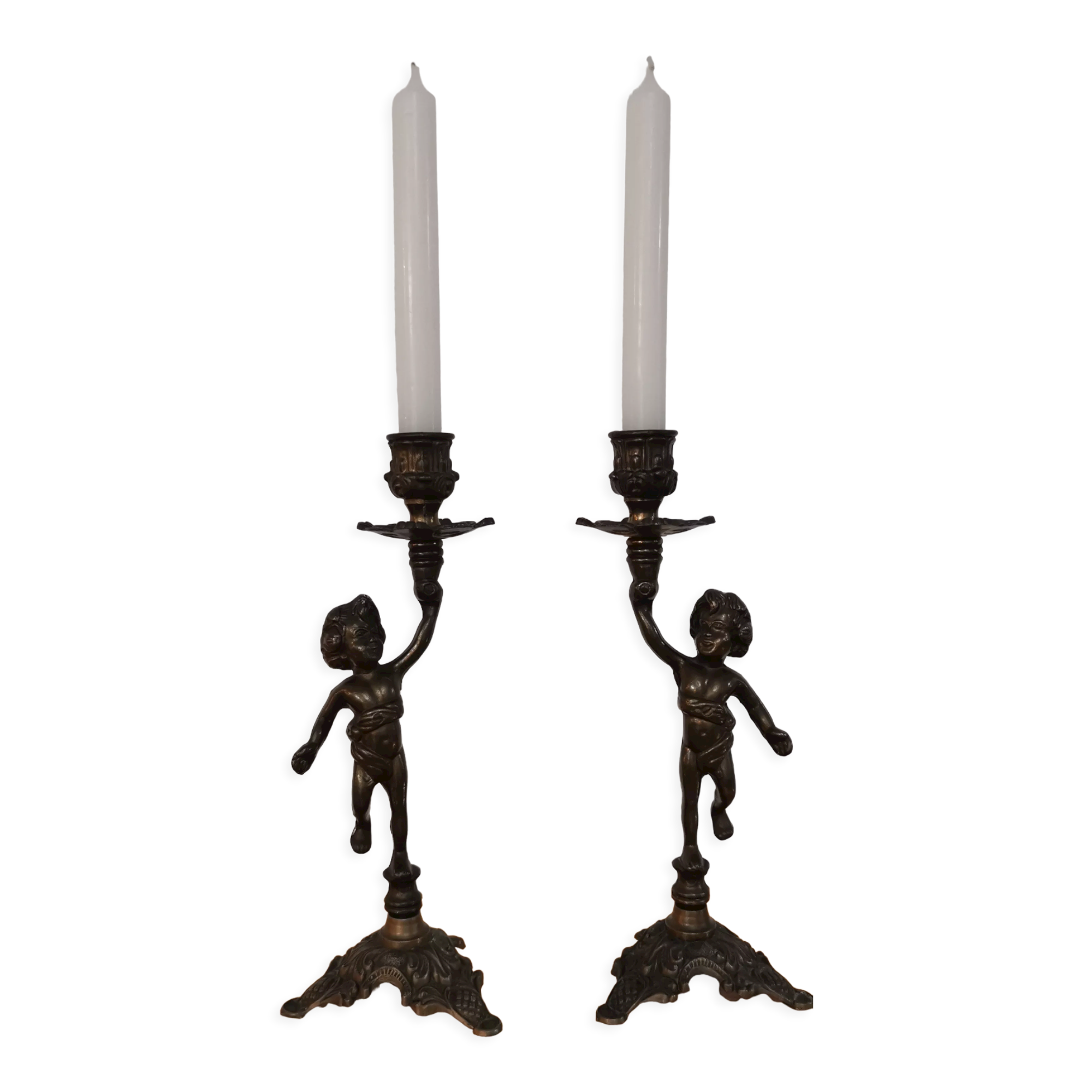 Pair of antique candlesticks in bronze and brass