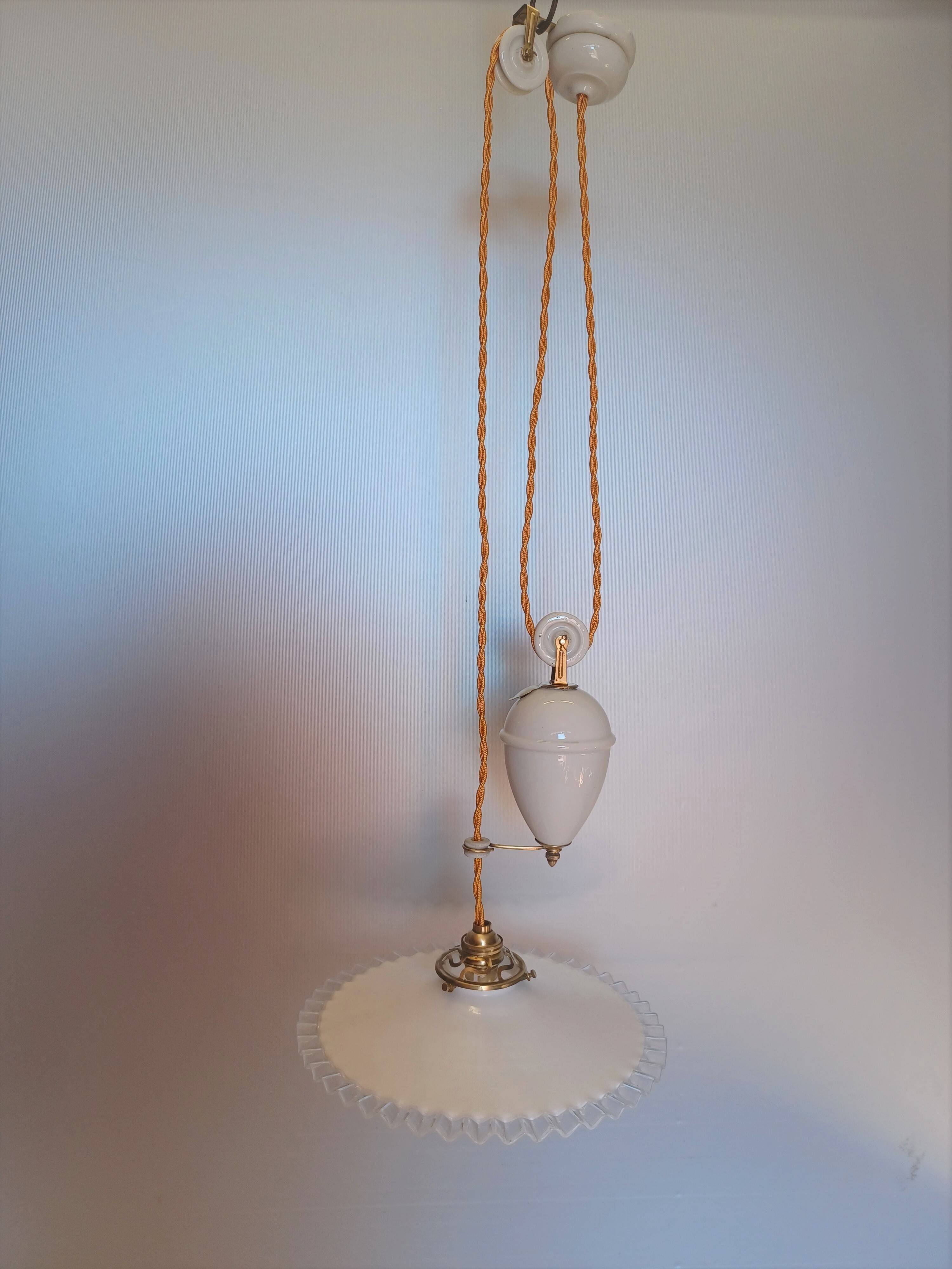 Suspension rises and falls - Opaline and fluted glass - 1930