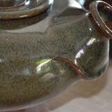 Antique stoneware teapot and its six signed bowls