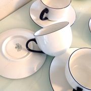 Set of eight white porcelain cups with blue edging / vintage 70s-80s