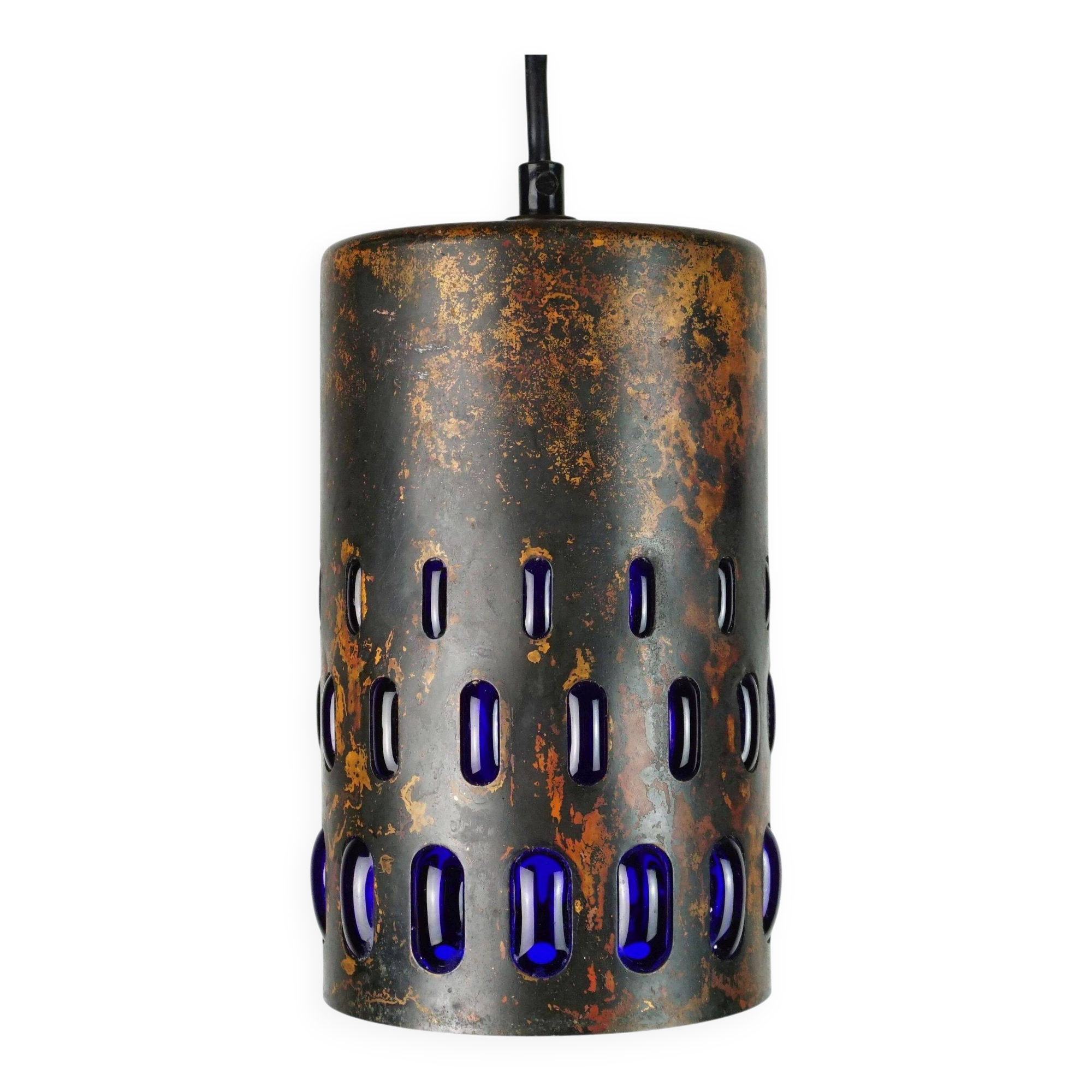 mid century modern PENDANT LAMP flamed copper and blue glass 1960s