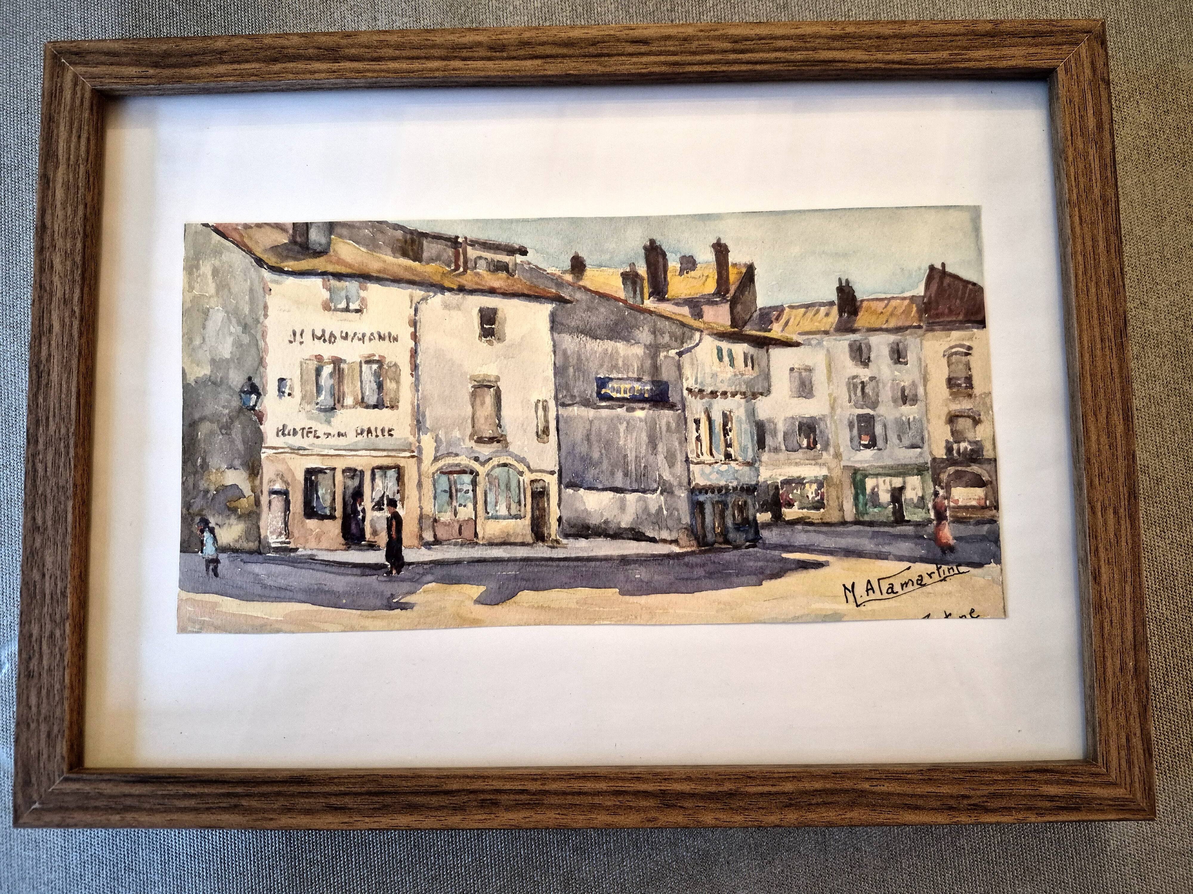 Old watercolour signed marius alamartine "hôtel de la halle" in charlieu