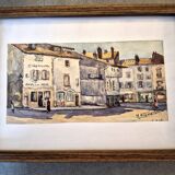 Old watercolour signed marius alamartine "hôtel de la halle" in charlieu
