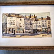Old watercolour signed marius alamartine "hôtel de la halle" in charlieu