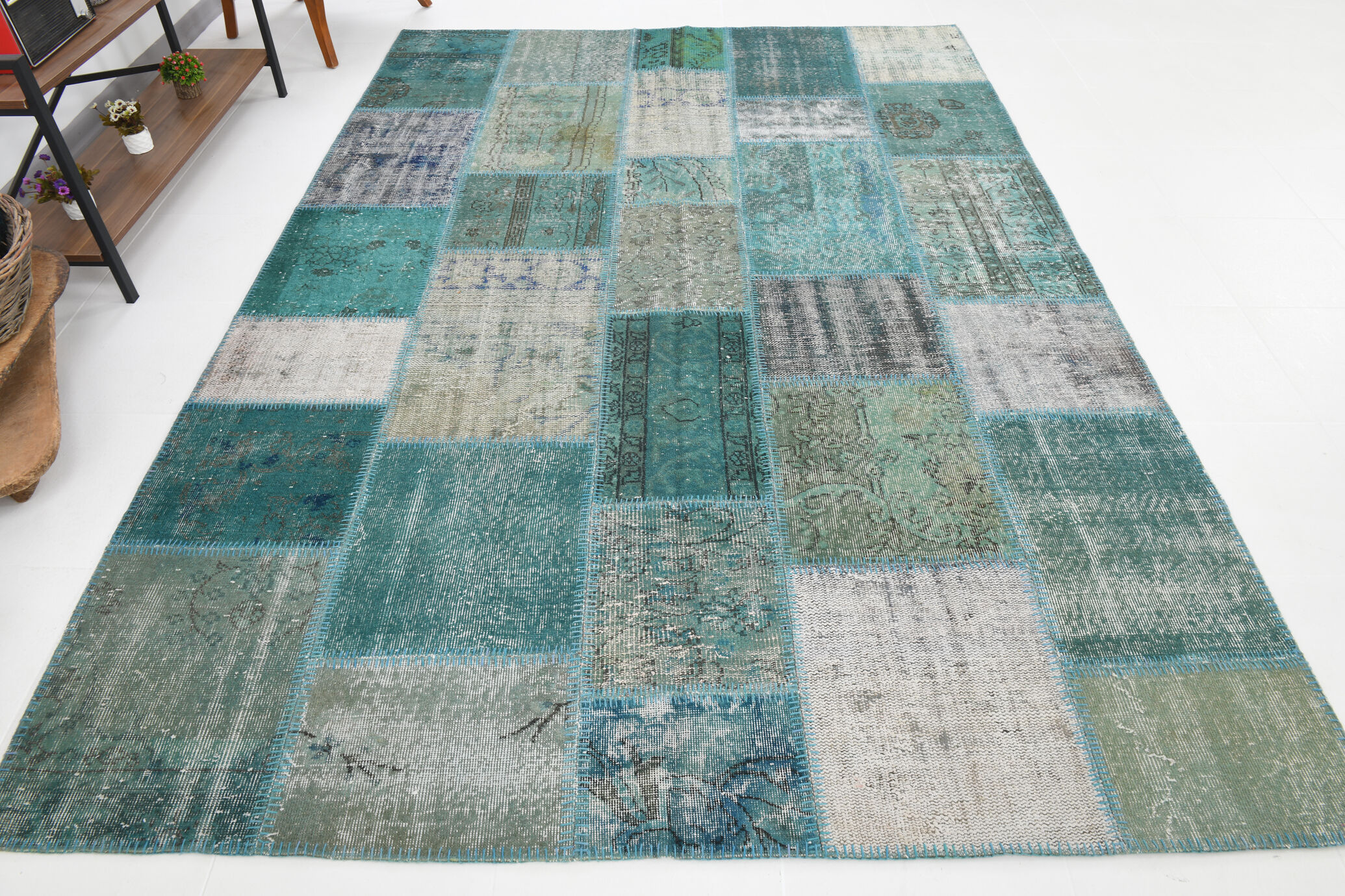 7x10 Green Vintage Patchwork Rug 300x210Cm