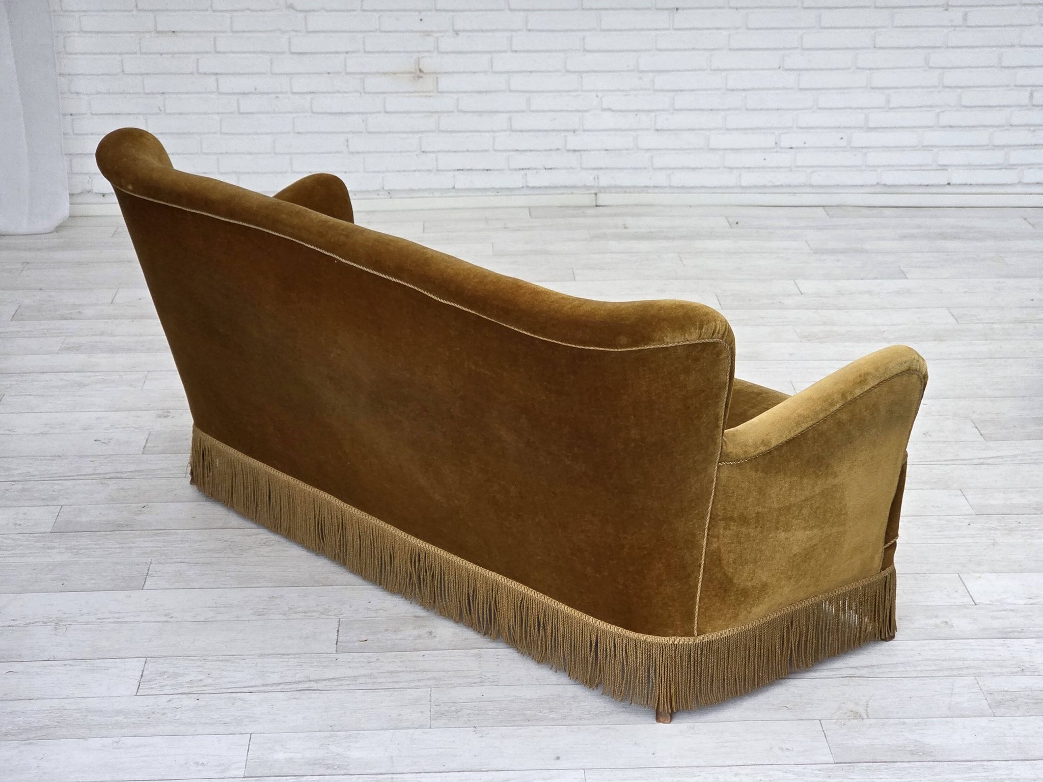 1960s, Danish 3-seater sofa, honey-yellow furniture velour, beech wood.