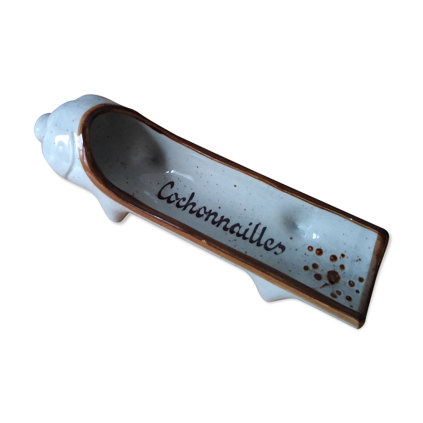 Pig sausage dish in beige and enamelled brown ceramic - aperitif - aperitif