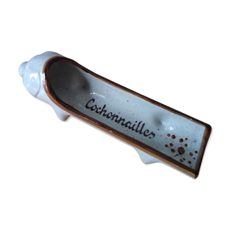 Plat à saucisson, cochon en céramique beige et marron émaillé