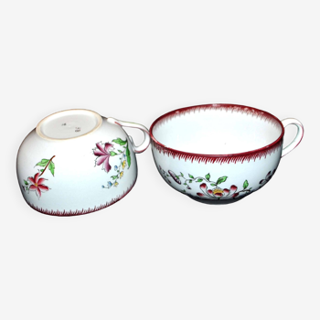 Set of 2 strasbourg cups in sarreguemines u&c earthenware - polychrome floral decoration 1900