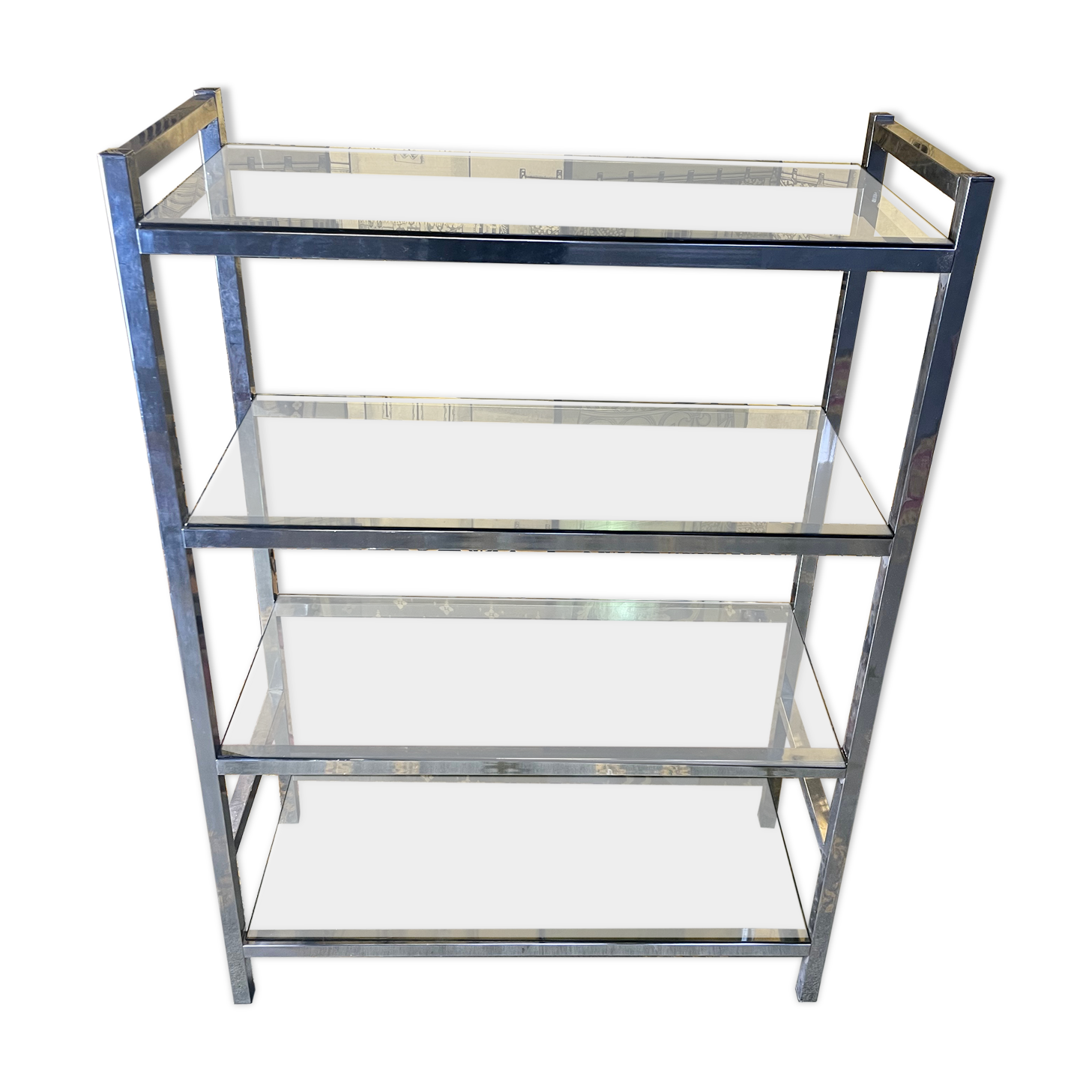 Shelf in chromed metal and smoked glass 1970