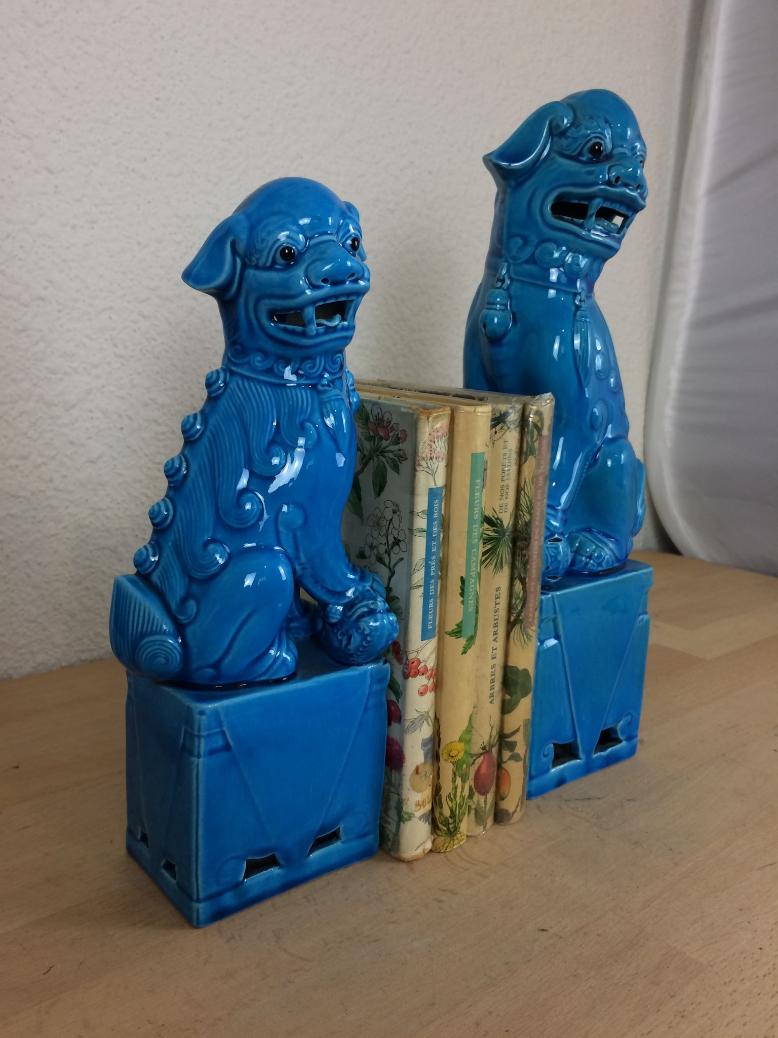 Paire de serre livres chien de Fo céramique bleue